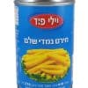קופסה של תירס גמדי של המותג "ויולי פוד", עם טקסט בצבע לבן על גבי רקע כחול. הקופסה מכילה 410 גרם תירס גמדי.