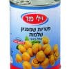 תמונה של קופסה של פטריות שמפיניון בשימור, עם כיתוב בעברית: "פטריות שמפיניון שלמות, גדול בינוני".