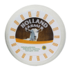 כדור גבינה עם עטיפה לבנה ועליה לוגו "Holland Farmer". הלוגו כולל דימוי של פרה, ומסביבו טקסט בגרמנית ואנגלית שמתאר את הגבינה כ"גבינת עיזים הולנדית".