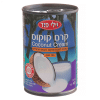 תיאור התמונה: קופסה של קרם קוקוס עם תווית בעברית ובאנגלית. על התווית מופיעה הכיתוב "קרם קוקוס" ו-"Coconut Cream" עם איור של חצי קוקוס ושימושים שונים.