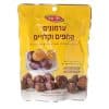 תיאור לתמונה: שקית של ערמונים קלופים וקפואים, עם טקסט בעברית על רקע צהוב.
