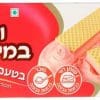 תיאור התמונה: קופסה של וופלים בטעם תות שדה, עם שני וופלים צהובים ומילוי קרם ורוד. הכיתוב בעברית: "וופלים במילוי קרם בטעם תות שדה".